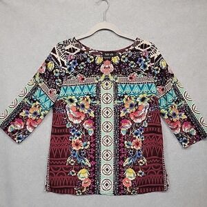 Fab'rik Non-Iron Womens S Top Boho Tribal Floral Watercolor Print Multicolor EUC